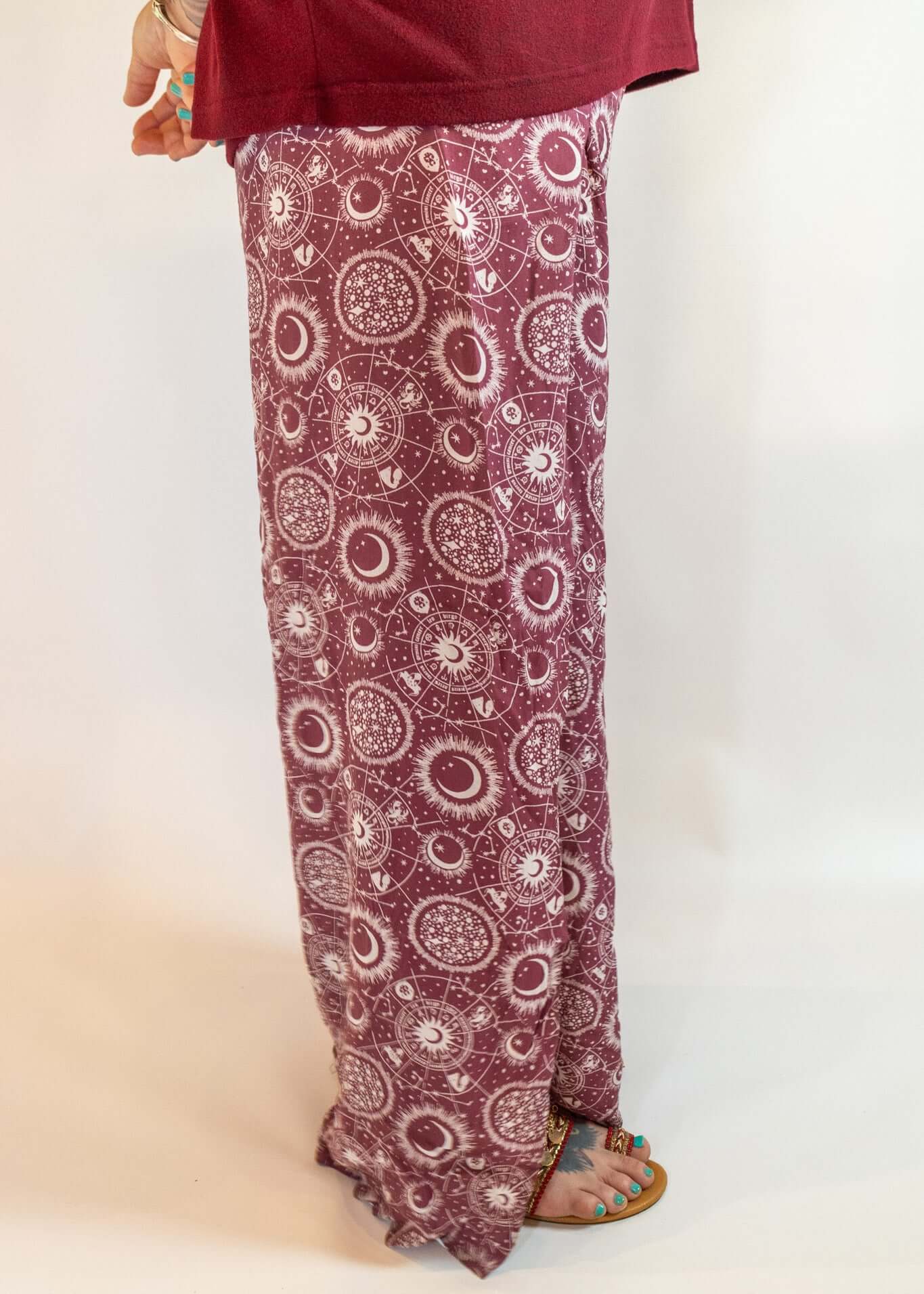 Loose Fit Plum Flowy Celestial Print Pants