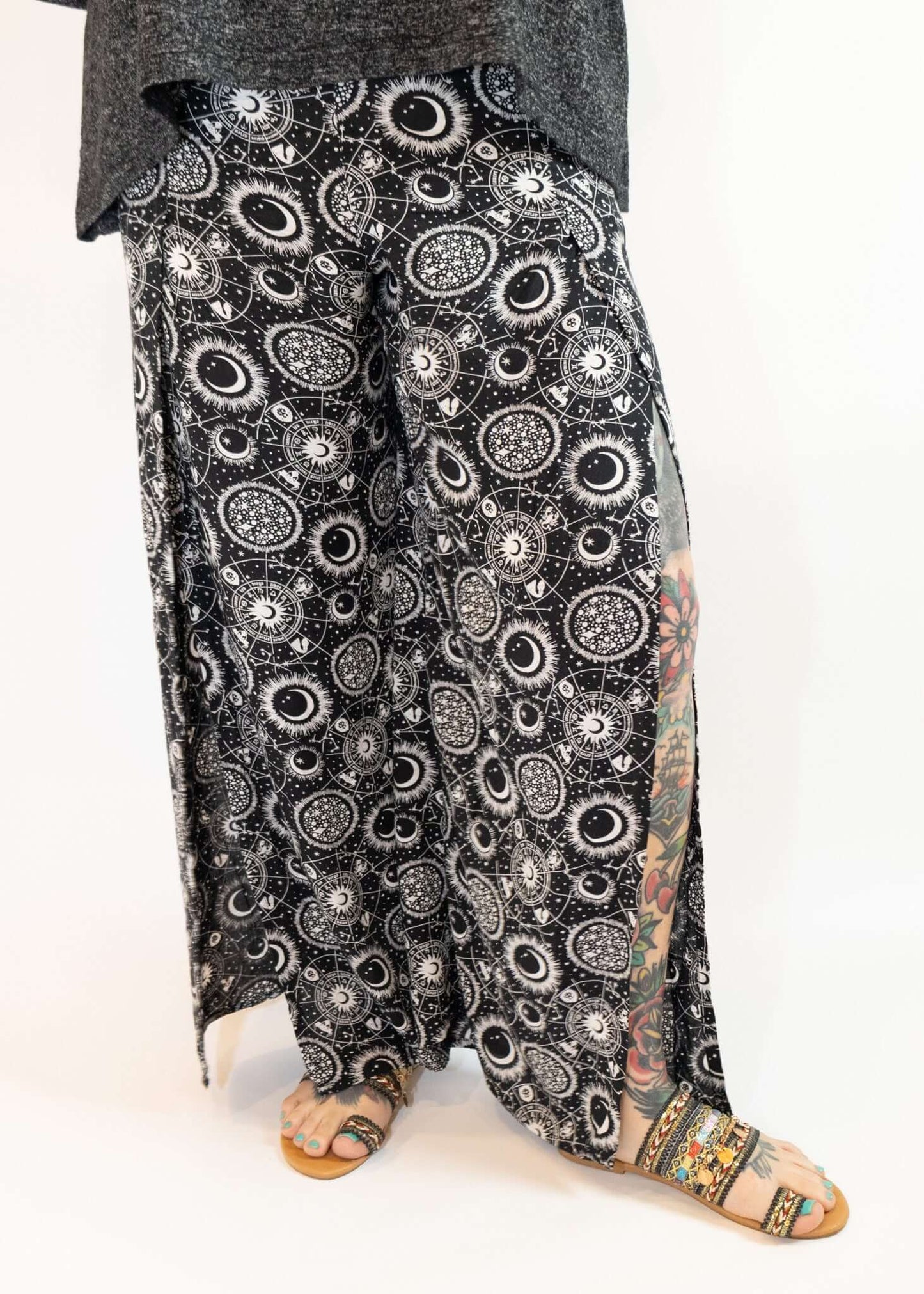 Loose Fit Black Flowy Celestial Print Pants