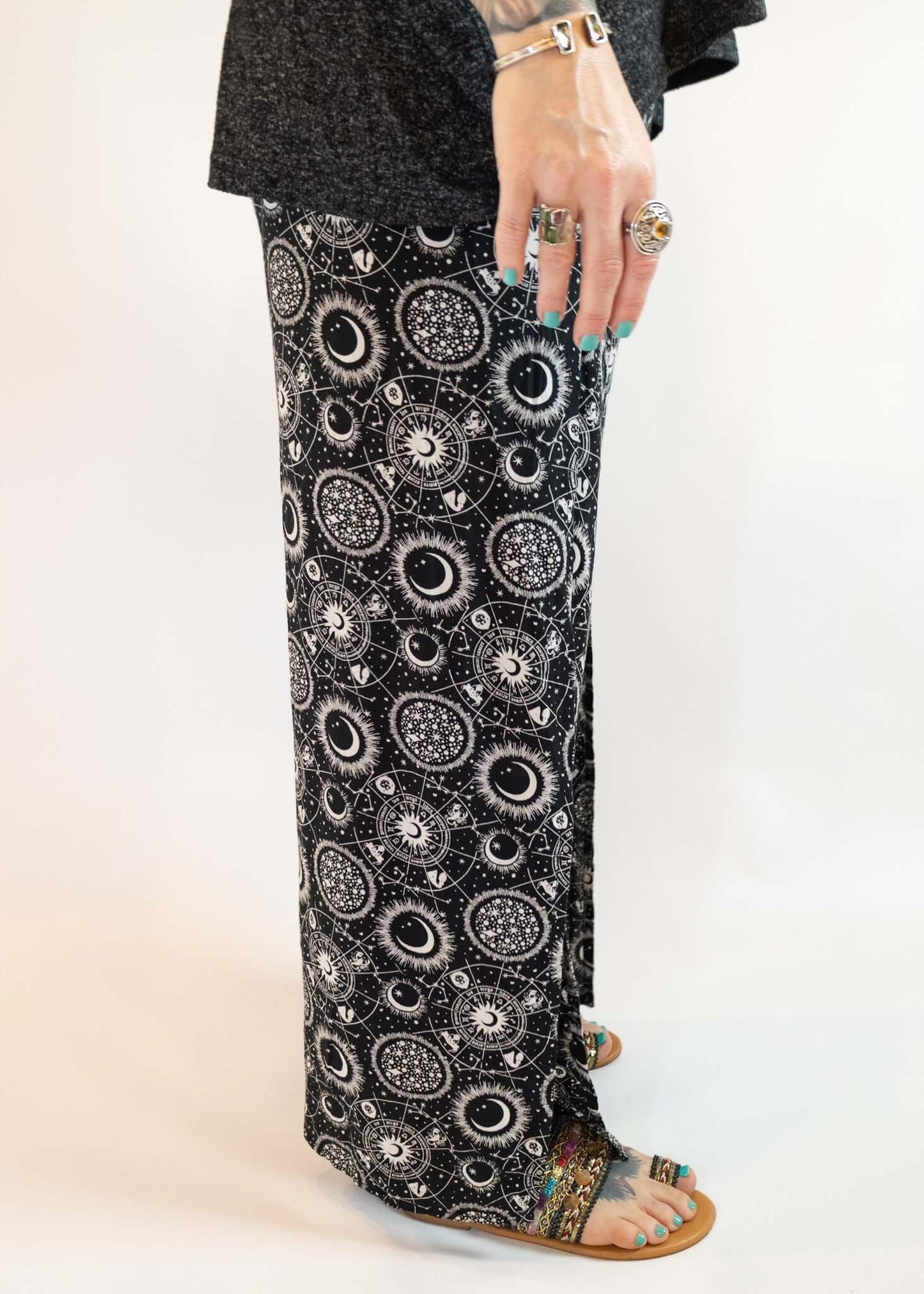 Loose Fit Black Flowy Celestial Print Pants