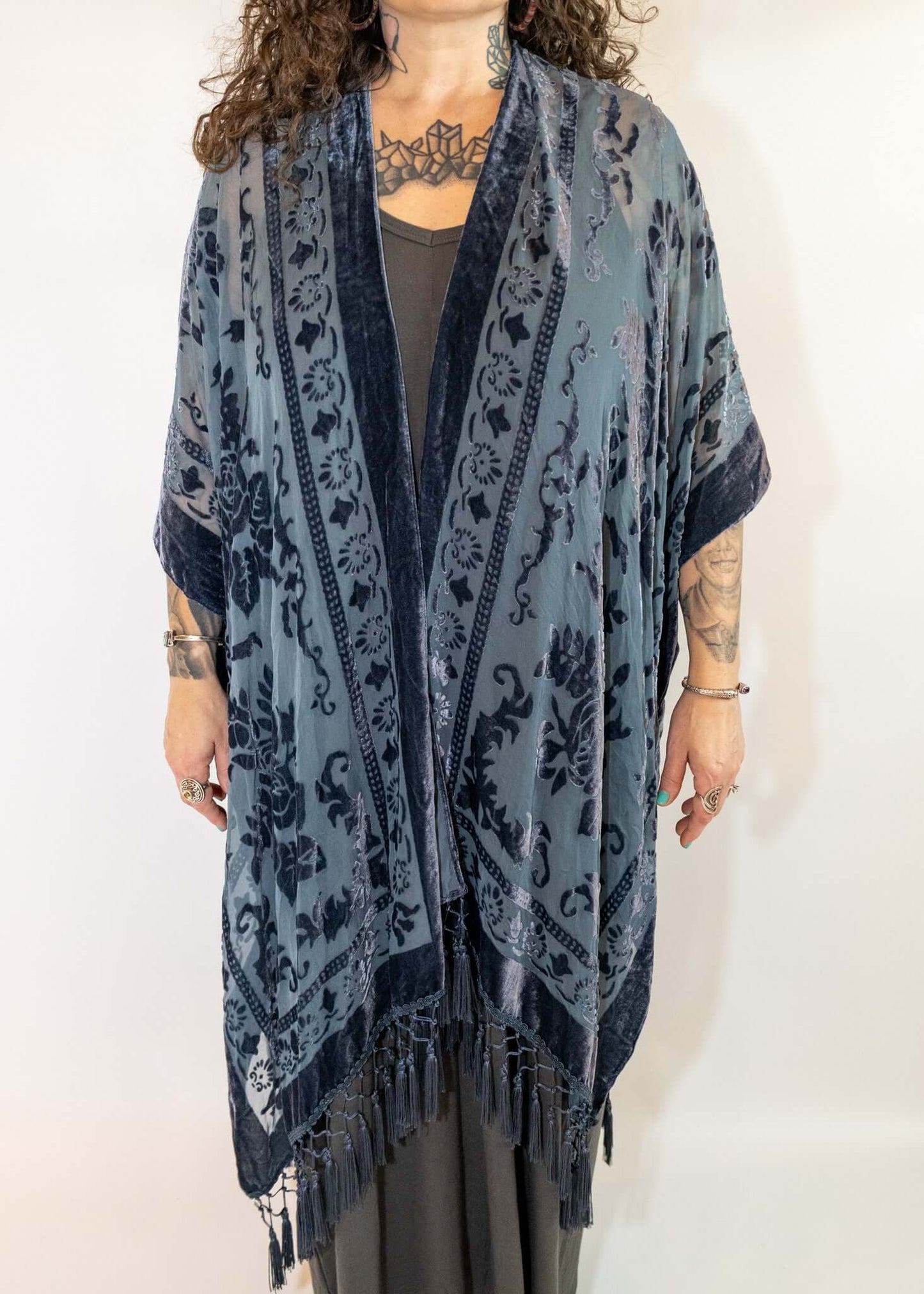 Blue Velvet Mesh Tapestry Style Wrap With Tassels