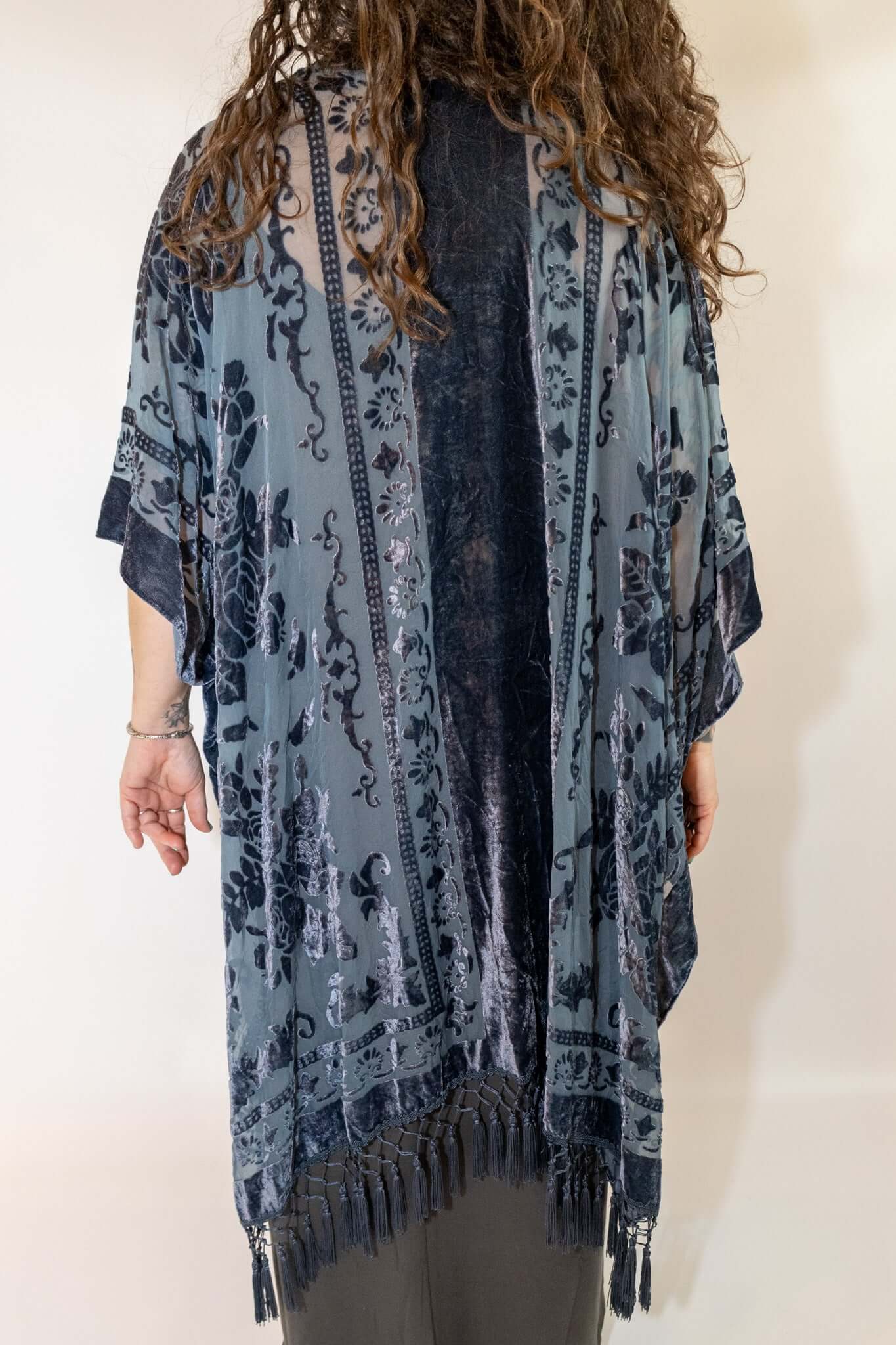 Blue Velvet Mesh Tapestry Style Wrap With Tassels
