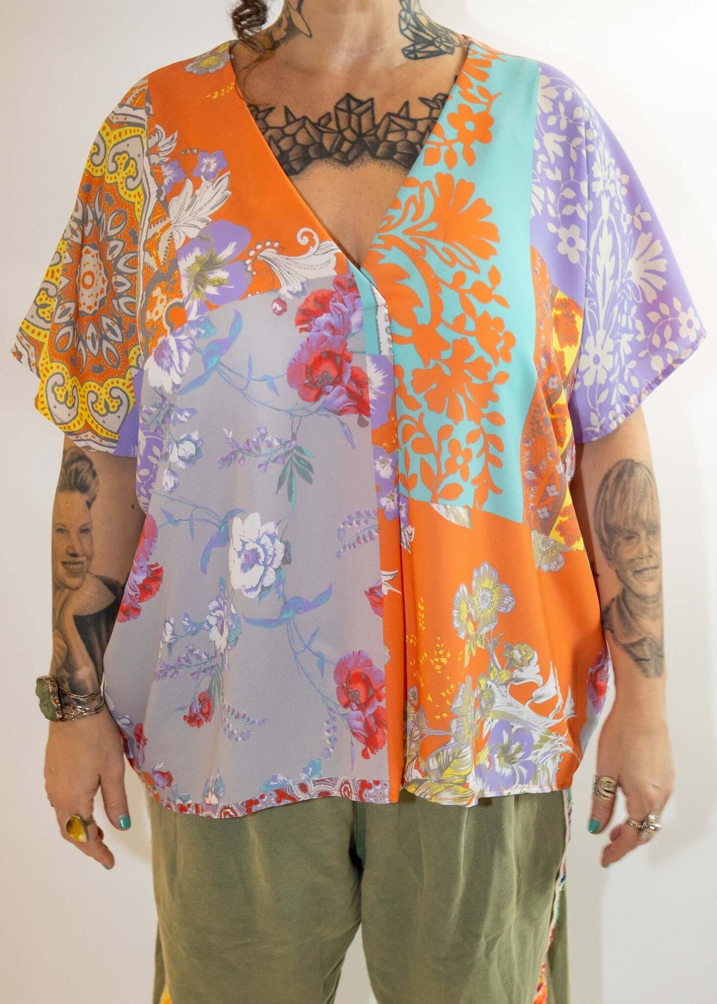 Orange Multi-Print Patchwork Tunic V-Neck