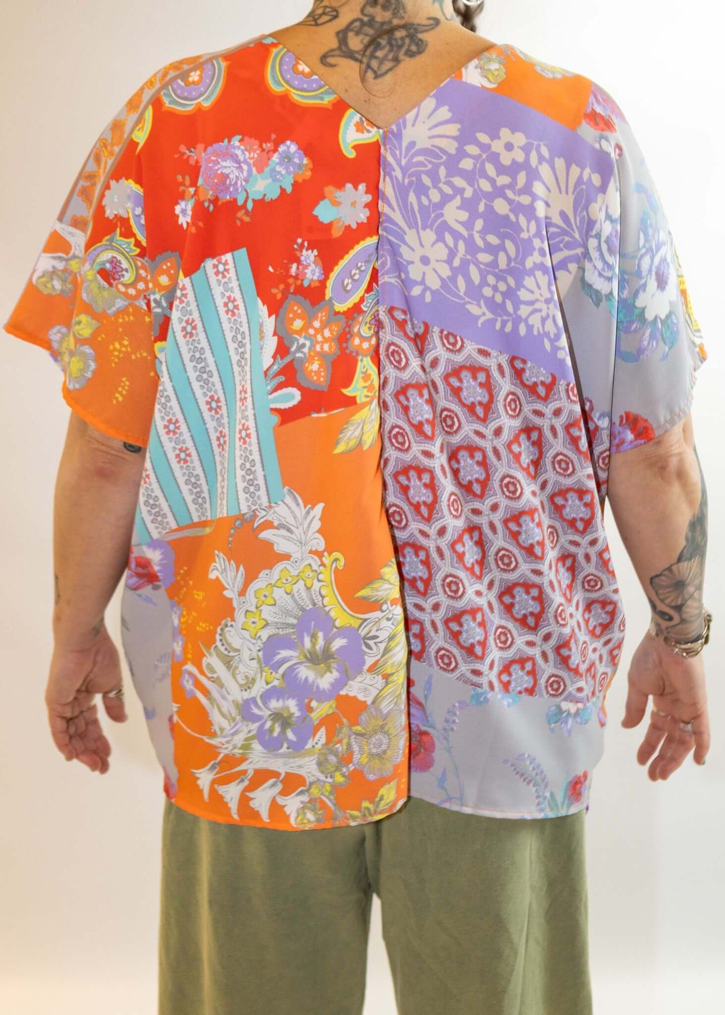 Orange Multi-Print Patchwork Tunic V-Neck