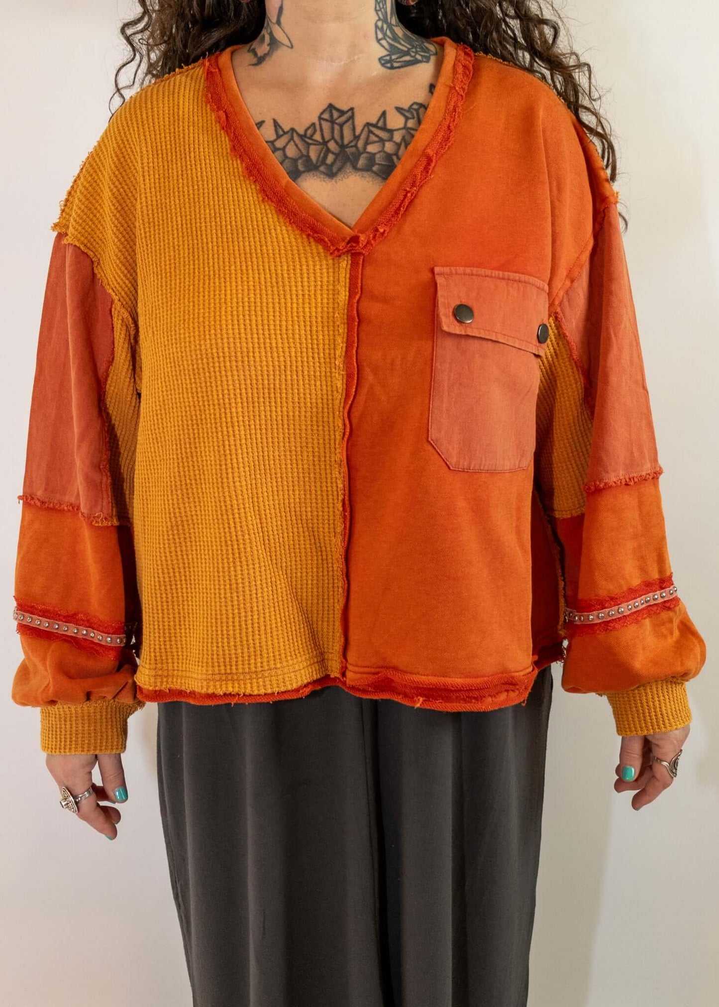 Orange Oversized V-Neck Thermal Sweatshirt