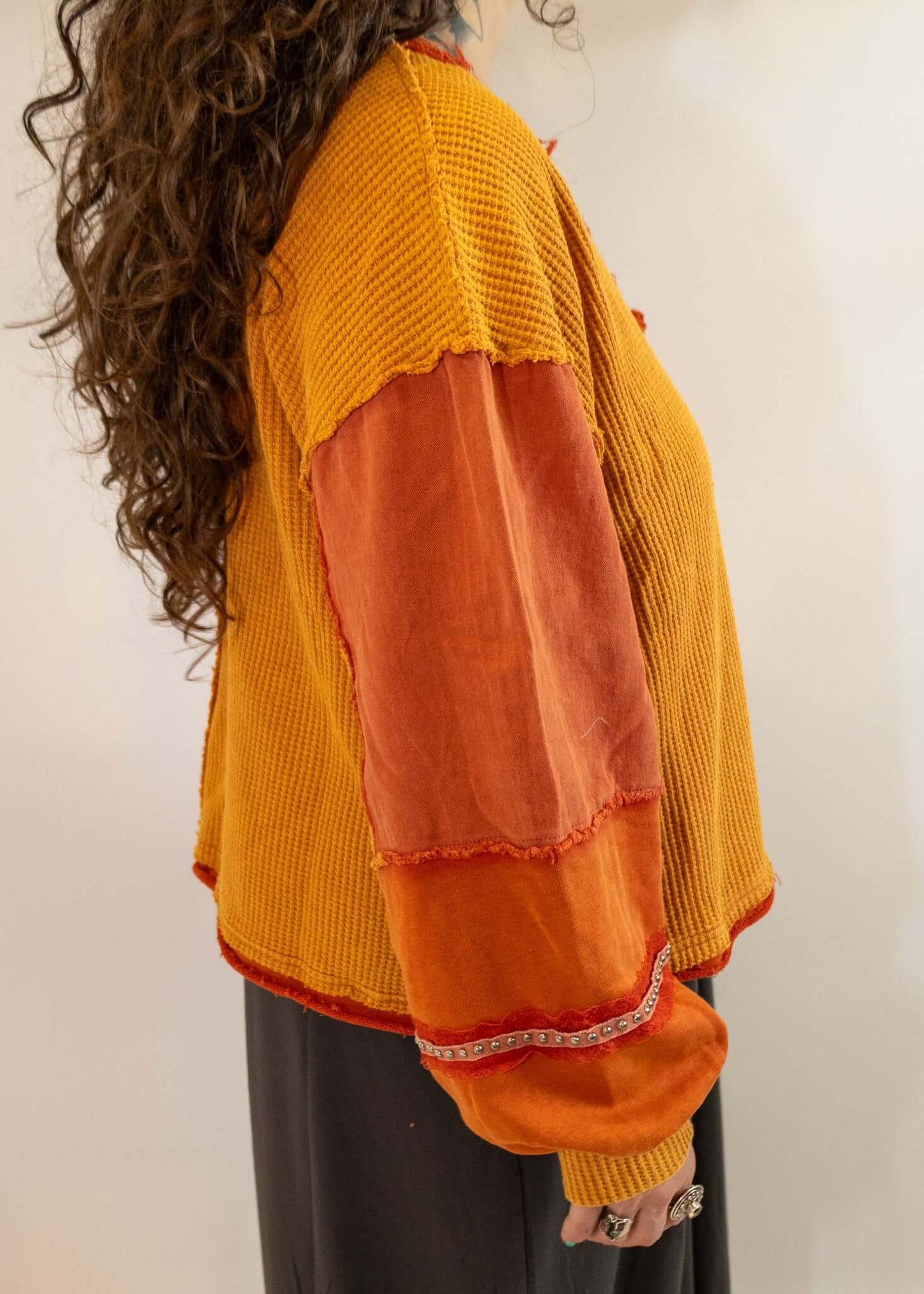 Orange Oversized V-Neck Thermal Sweatshirt
