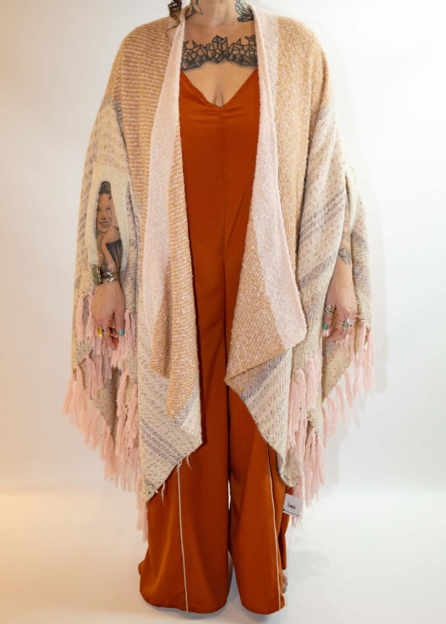 Striped Boho Ruana Wrap With Fringe