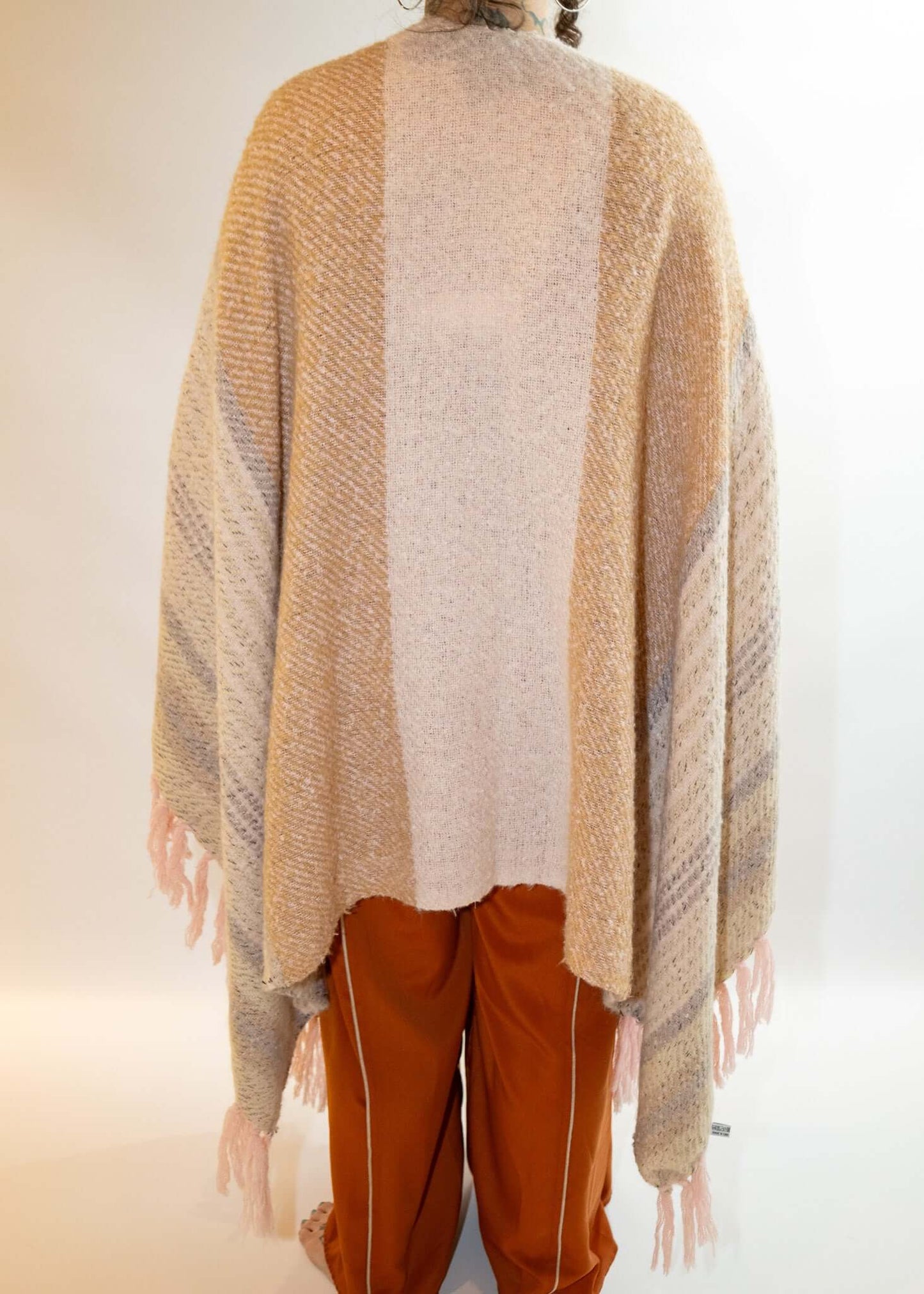 Striped Boho Ruana Wrap With Fringe