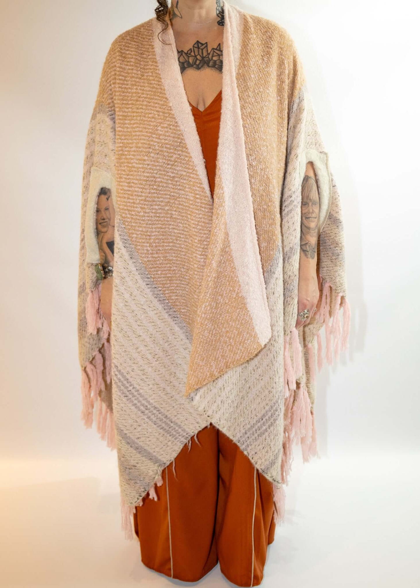 Striped Boho Ruana Wrap With Fringe