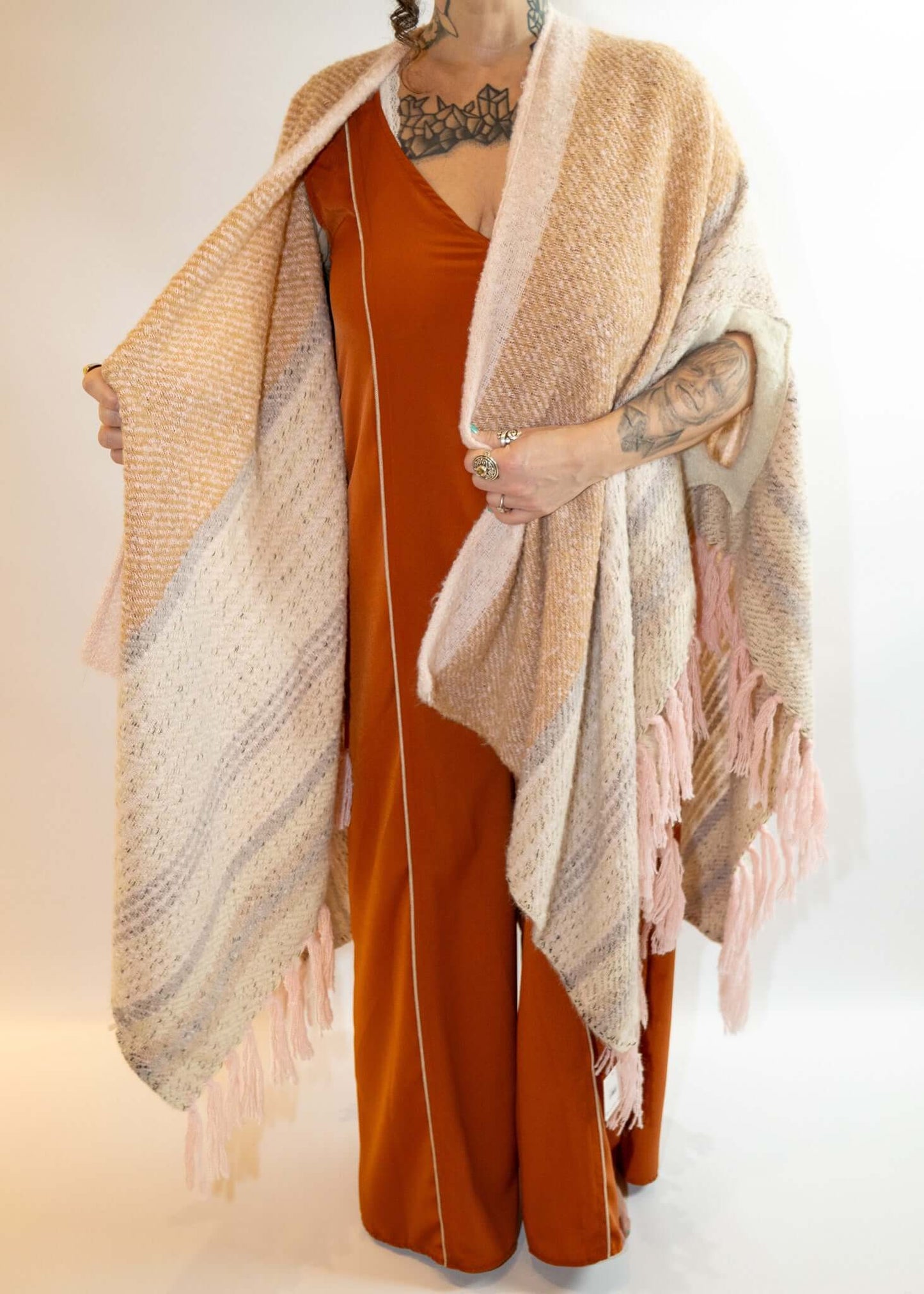 Striped Boho Ruana Wrap With Fringe
