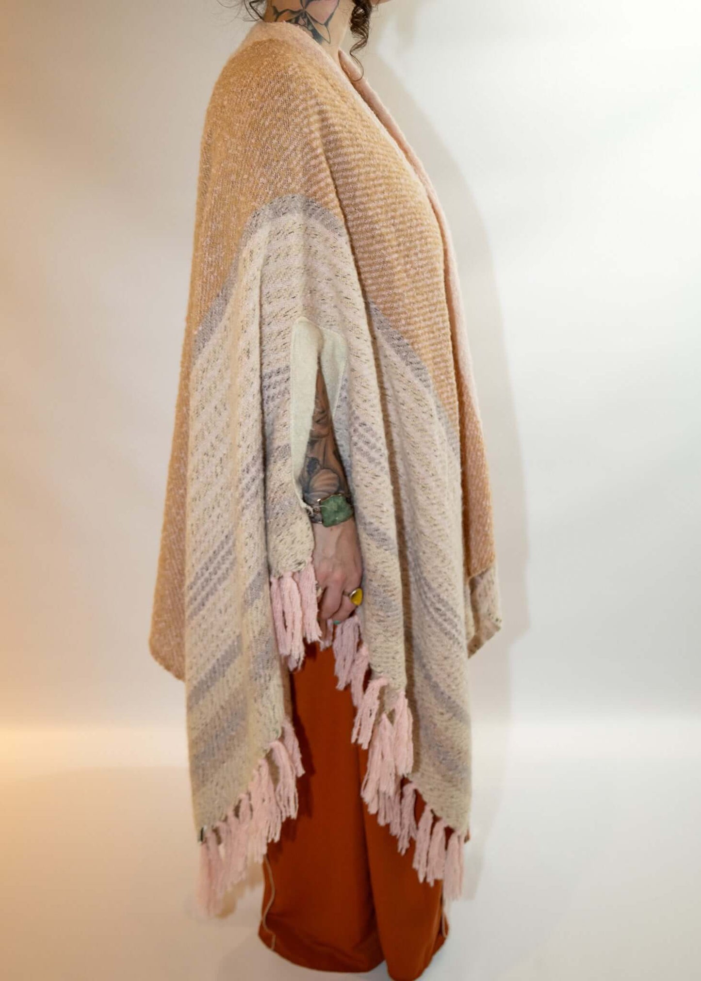 Striped Boho Ruana Wrap With Fringe