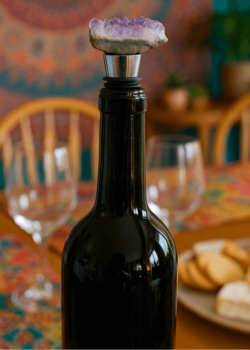 amethyst crystal cluster wine stopper in bottle
