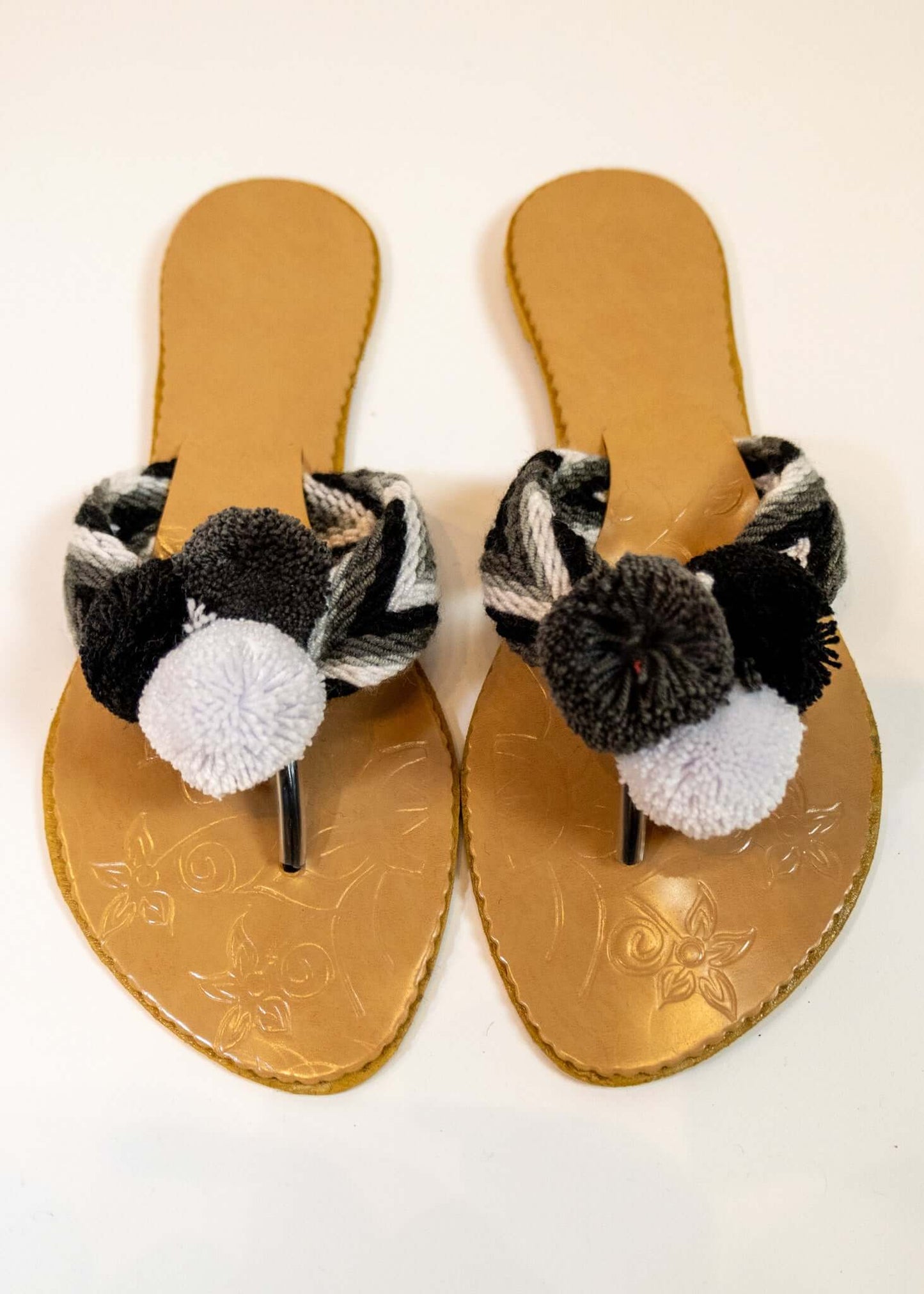 Crocheted Black & White Flat Pom Flip Flop Sandals