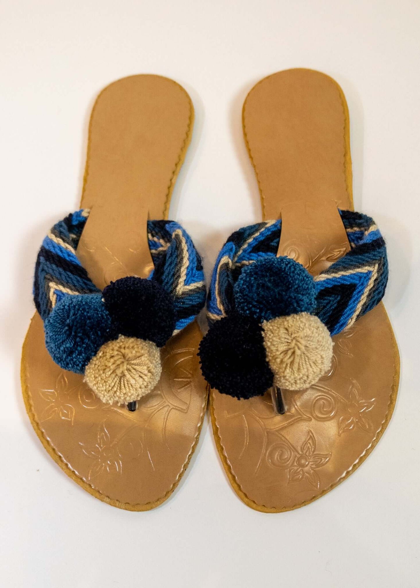 Crocheted Blue Flat Pom Flip Flop Sandals