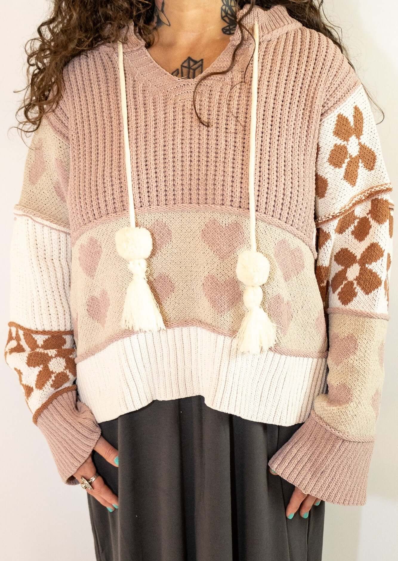 Heart Print Hooded Pullover Sweater With Tassels