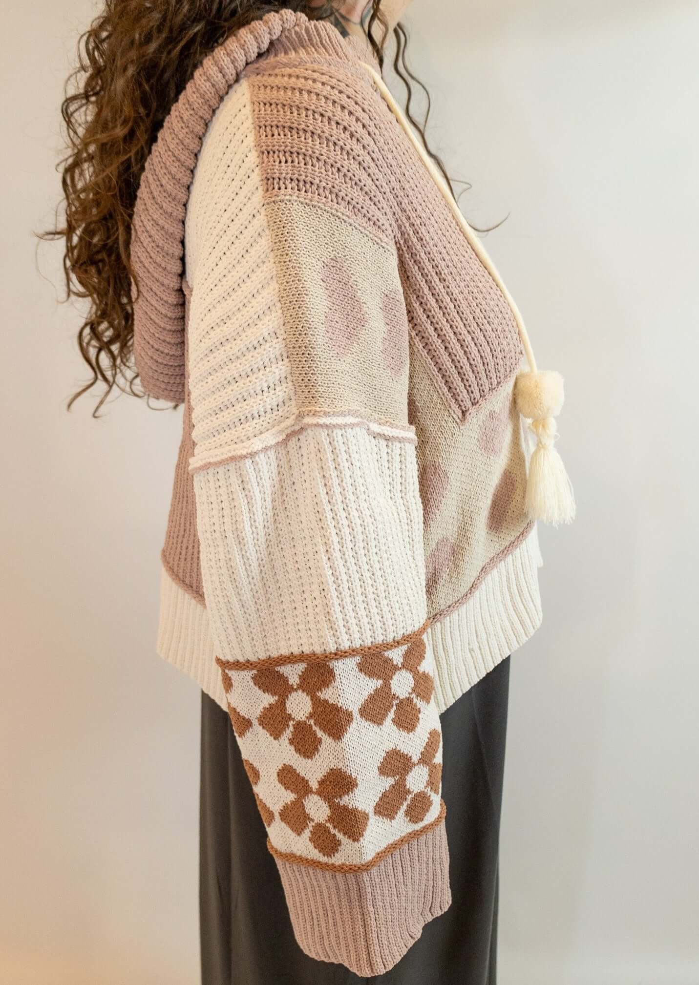 Heart Print Hooded Pullover Sweater With Tassels