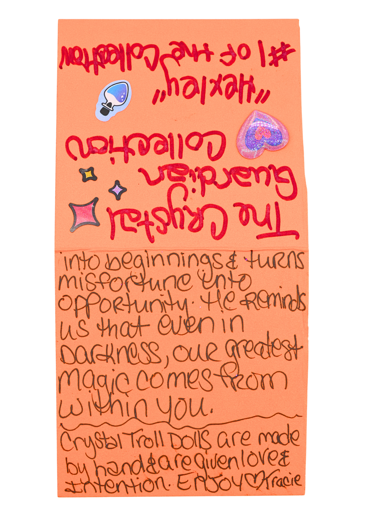 Reverse of Hexley Crystal Guardian Collection card with story of new beginnings and handmade art