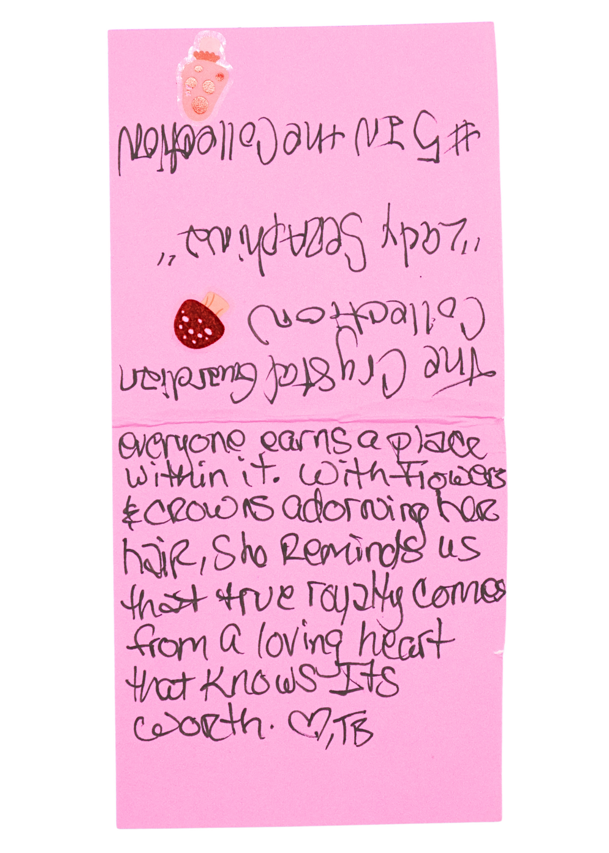 Reverse of handwritten artist card explaining Lady Seraphina crystal guardian symbolism and self-worth