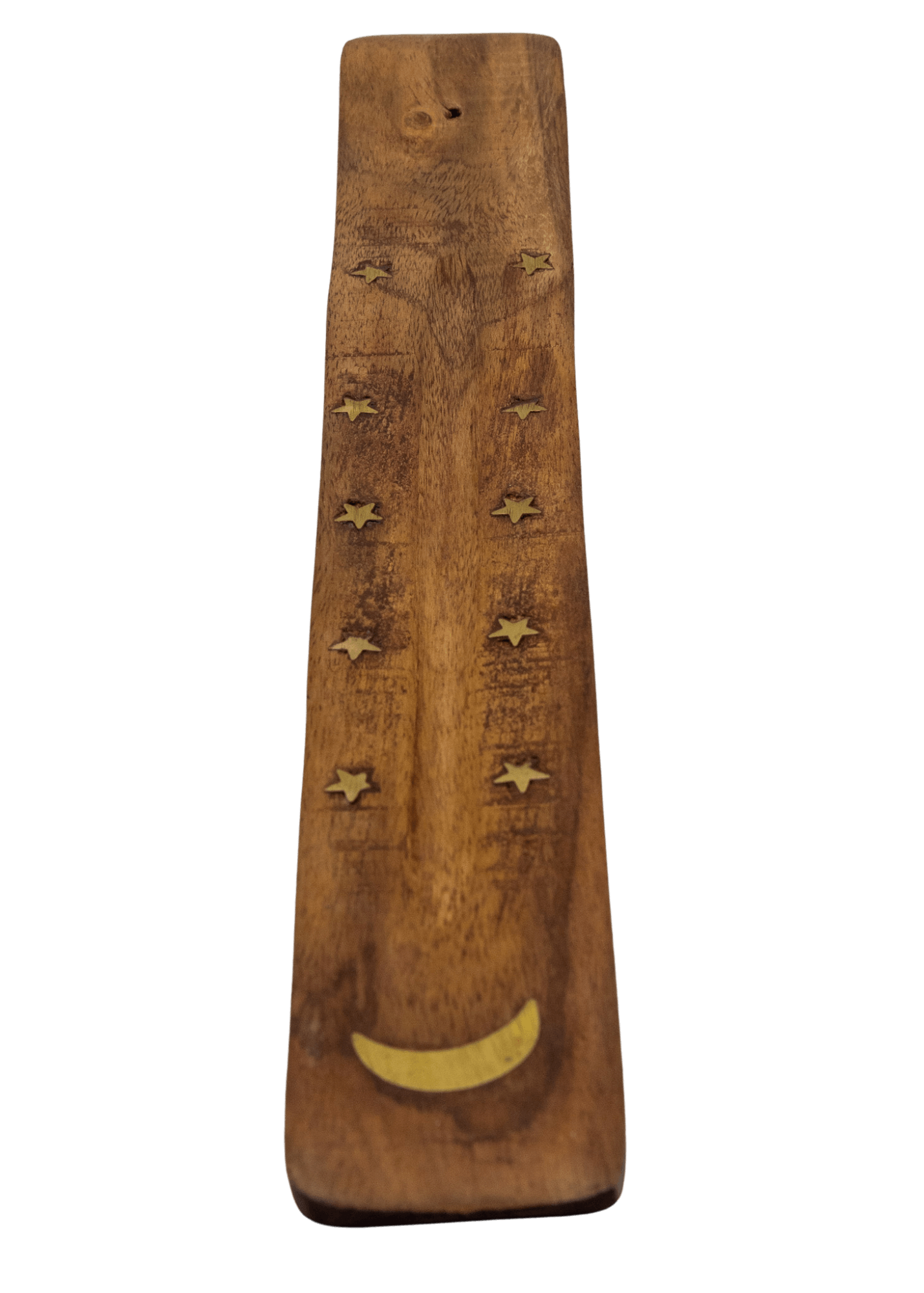brass moon and stars inlay wood incense burner top angle