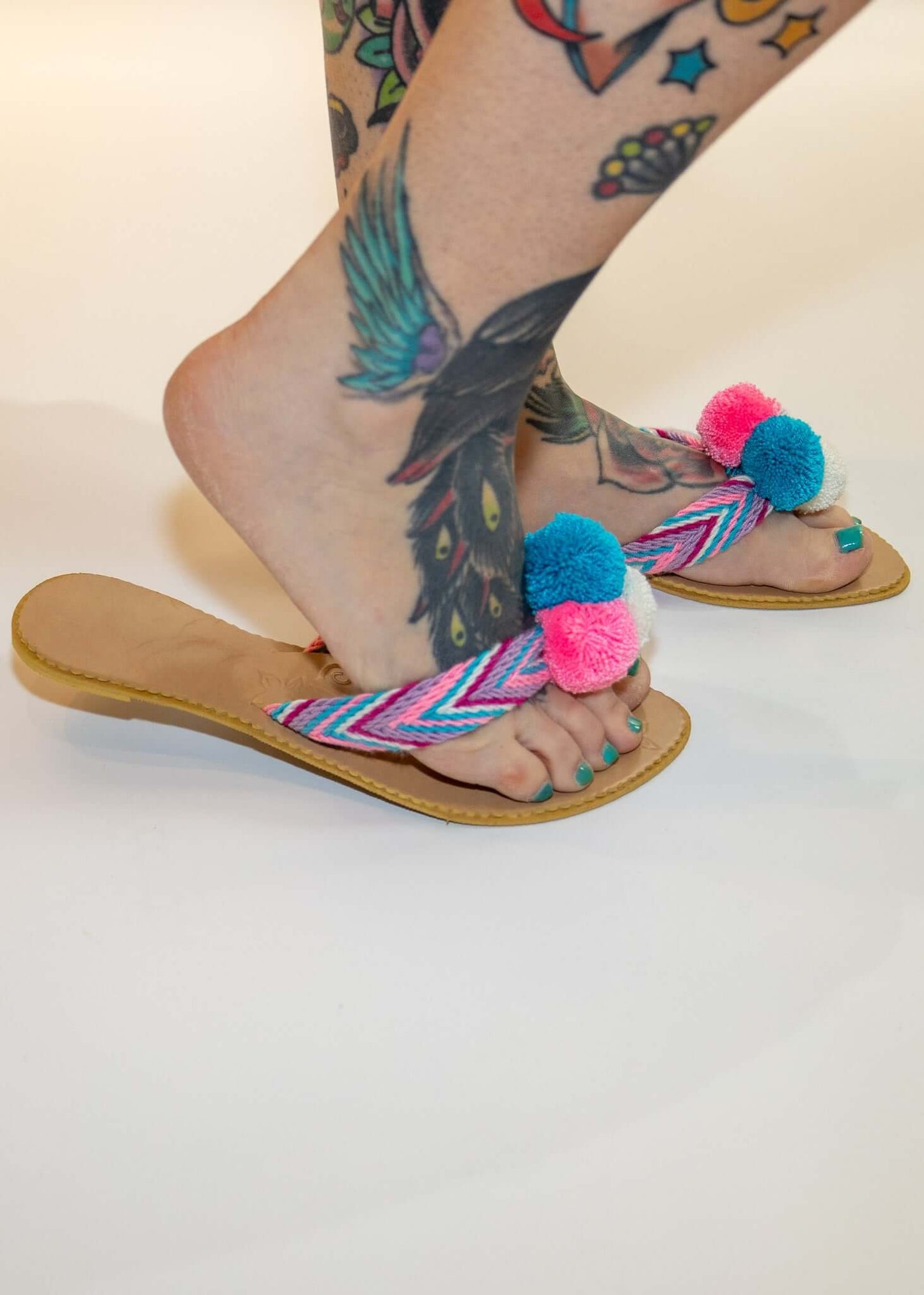 Crocheted Pink Flat Pom Flip Flop Sandals