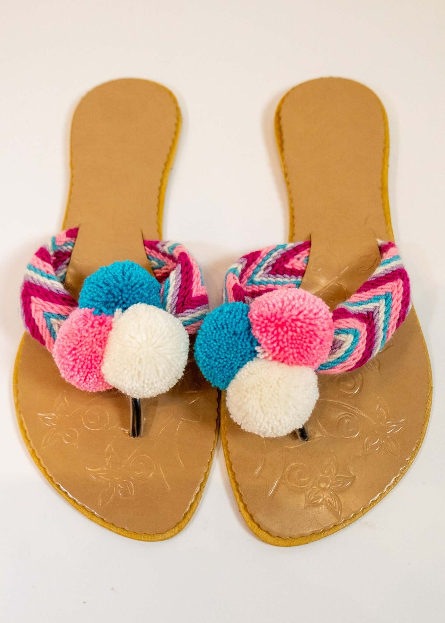 Crocheted Pink Flat Pom Flip Flop Sandals