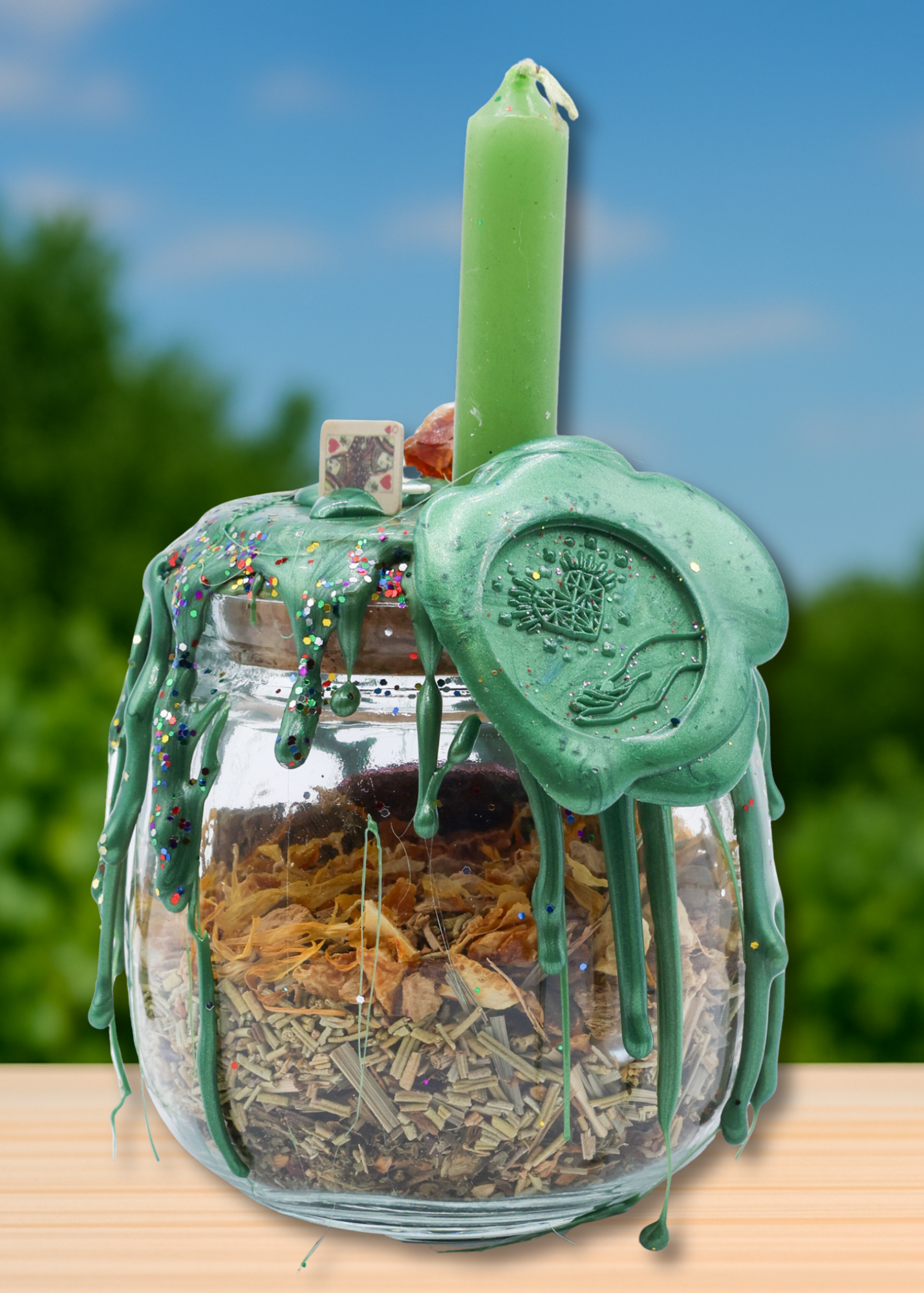 christmas tree candle with money inside Rich AF Money Drawing Spell Jar