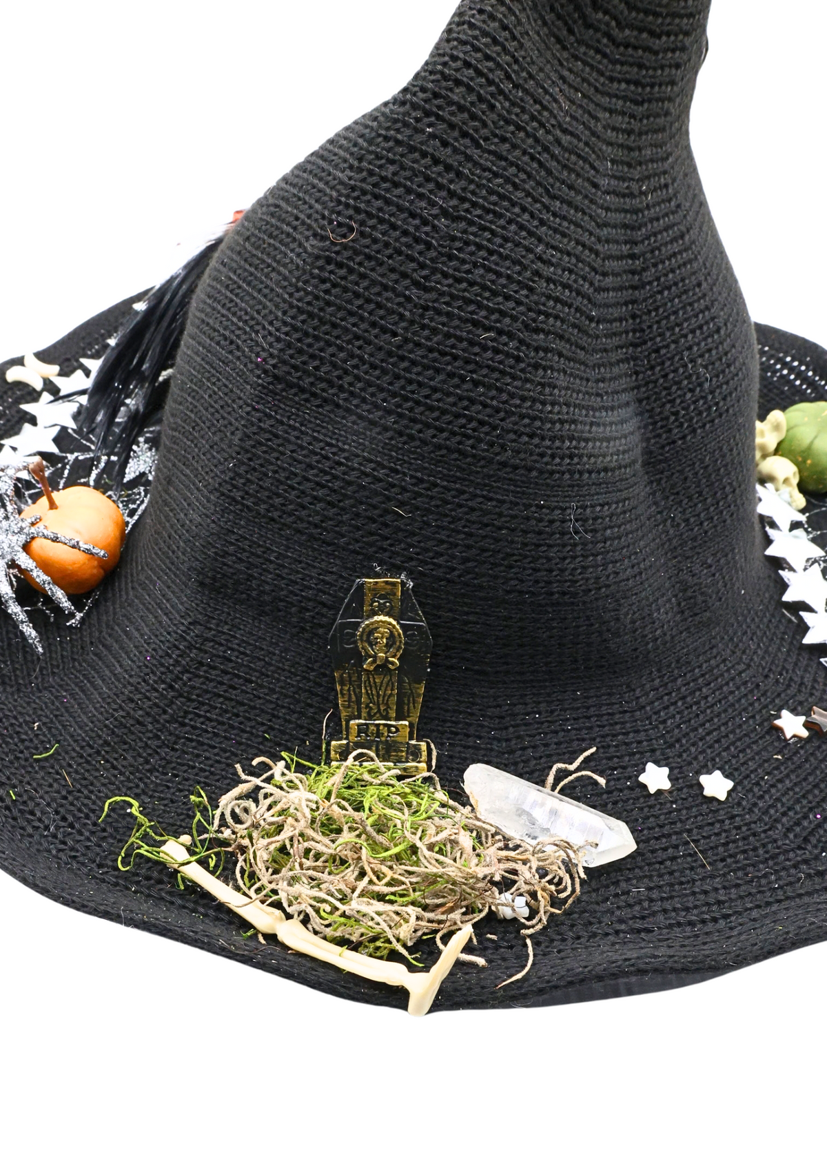 Spider themed black woven witch hat, alternate view 4 of glitter spiders, spiderweb ribbon, stars and miniature decorations
