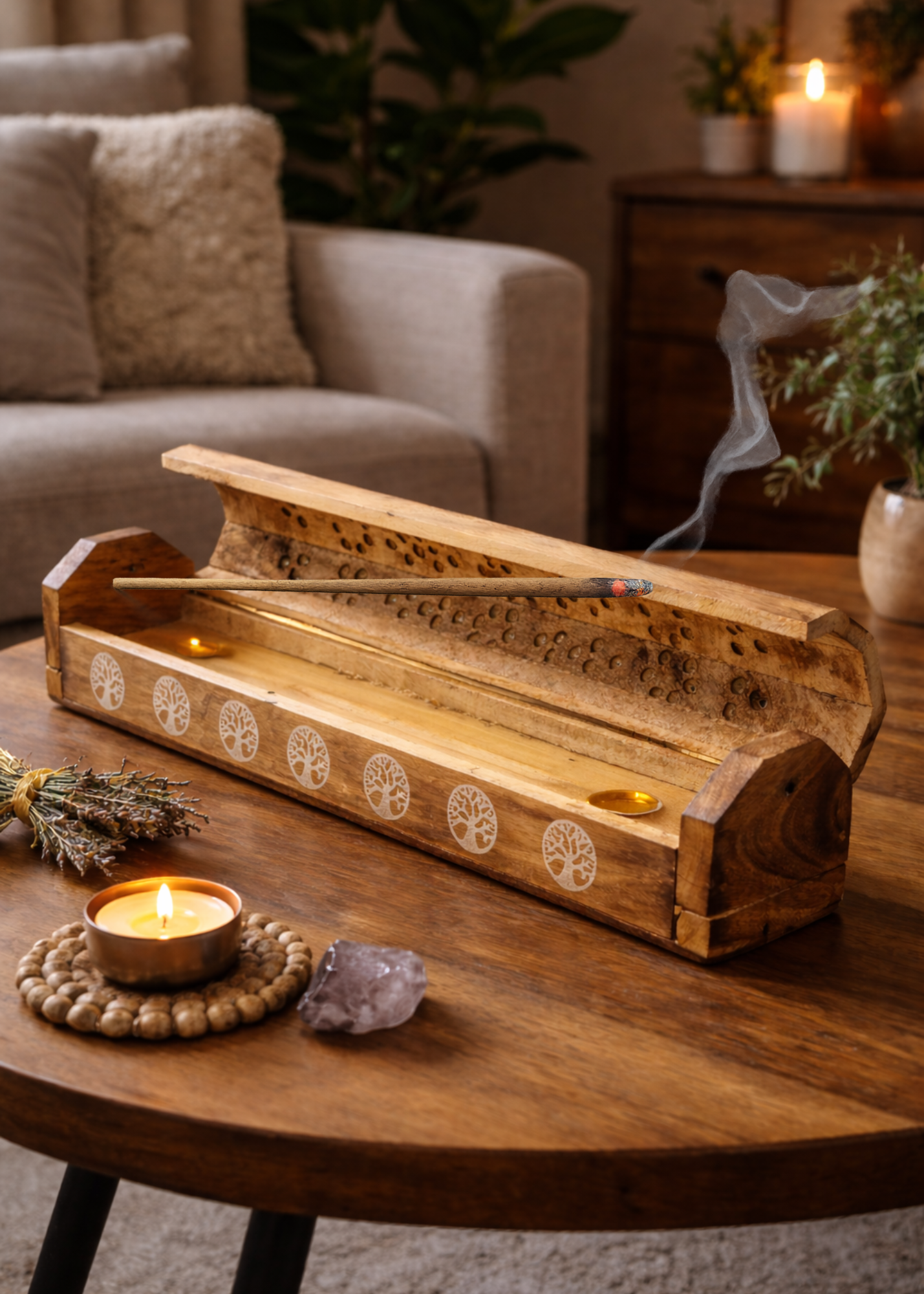 Tree of Life Coffin Incense Burner | Wooden Incense Holder with