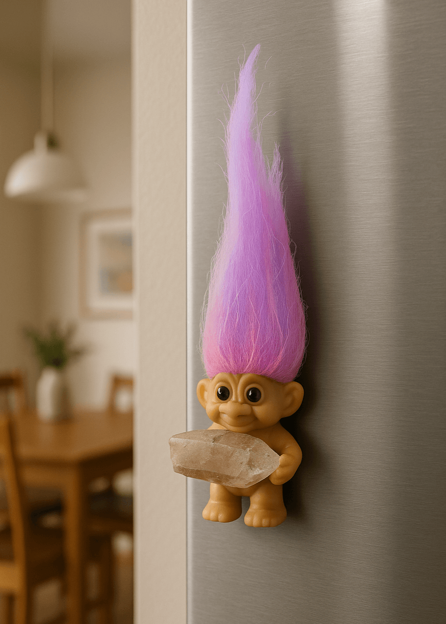 troll doll magnet with crystal on refrigerator