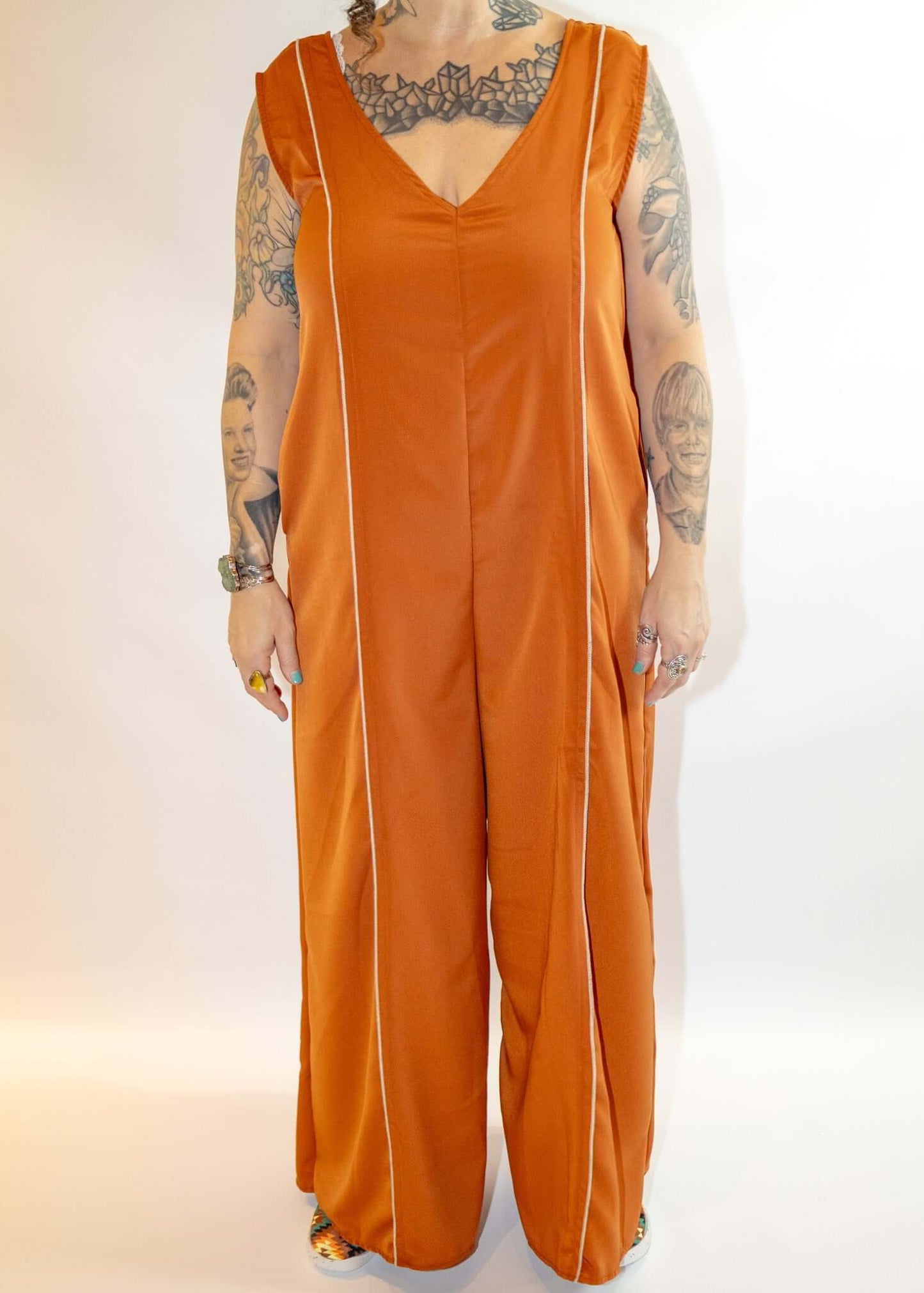 Wide Leg Rust V-Neck Pinstripe Jumpsuit