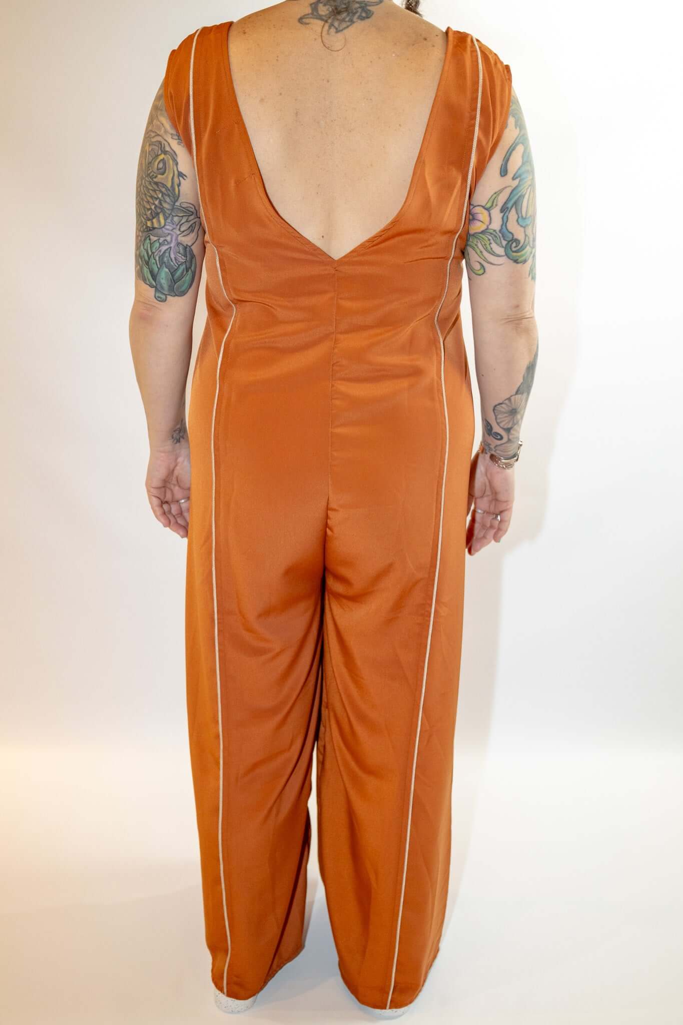 Wide Leg Rust V-Neck Pinstripe Jumpsuit
