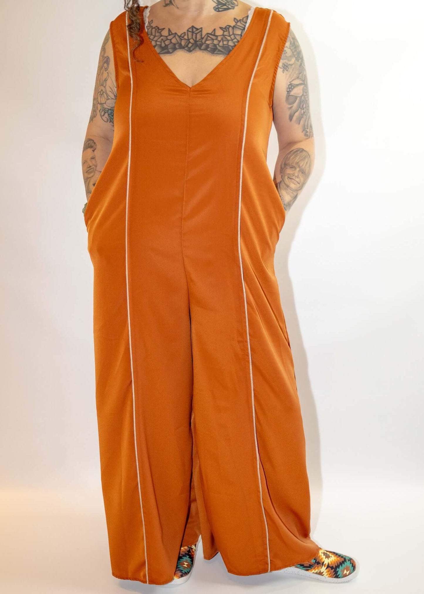 Wide Leg Rust V-Neck Pinstripe Jumpsuit