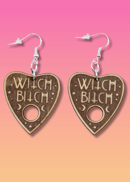 witch bitch wooden planchette earrings