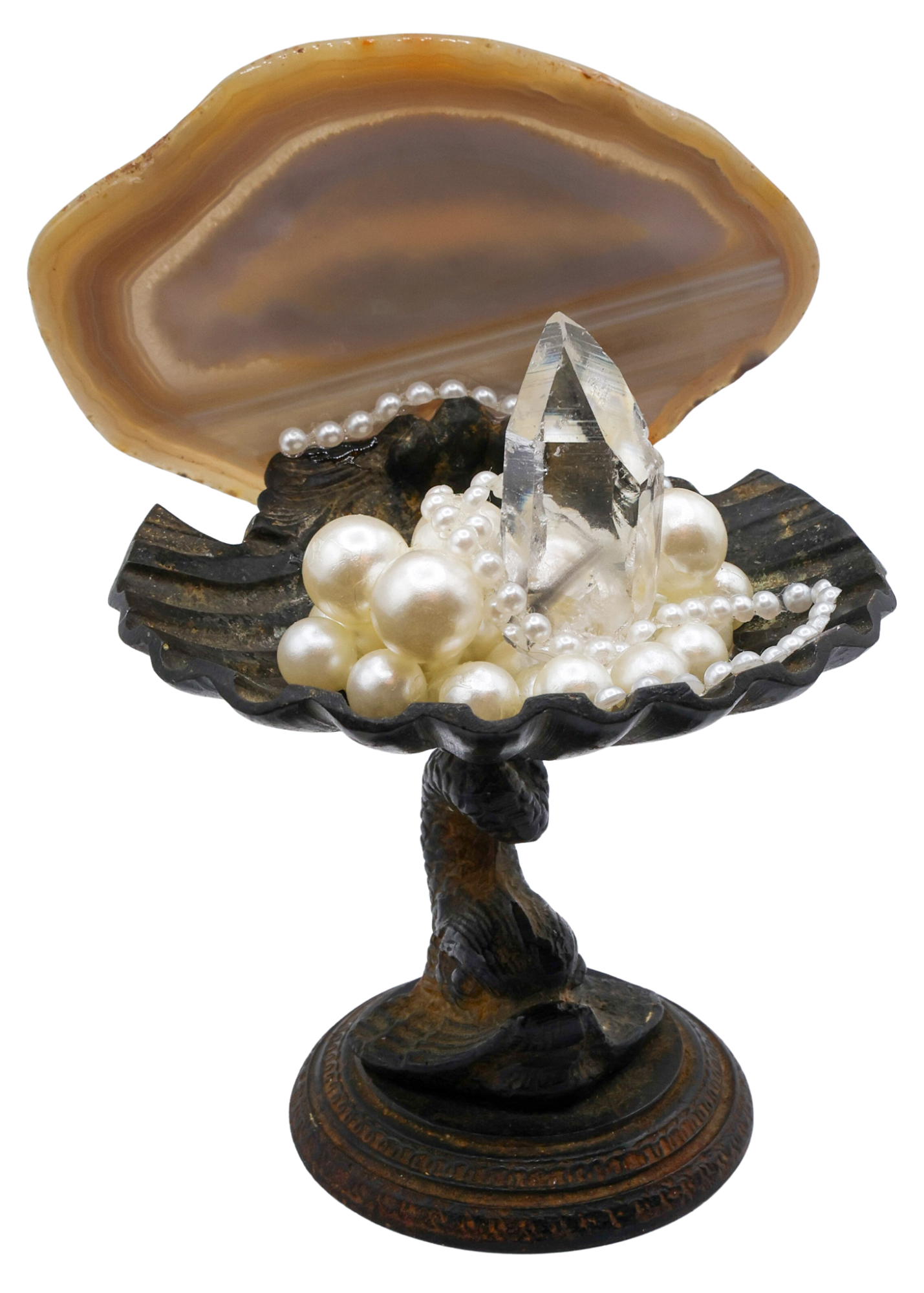 Iron Oyster Shell With Blue Phantom Crystal Sculpture left side