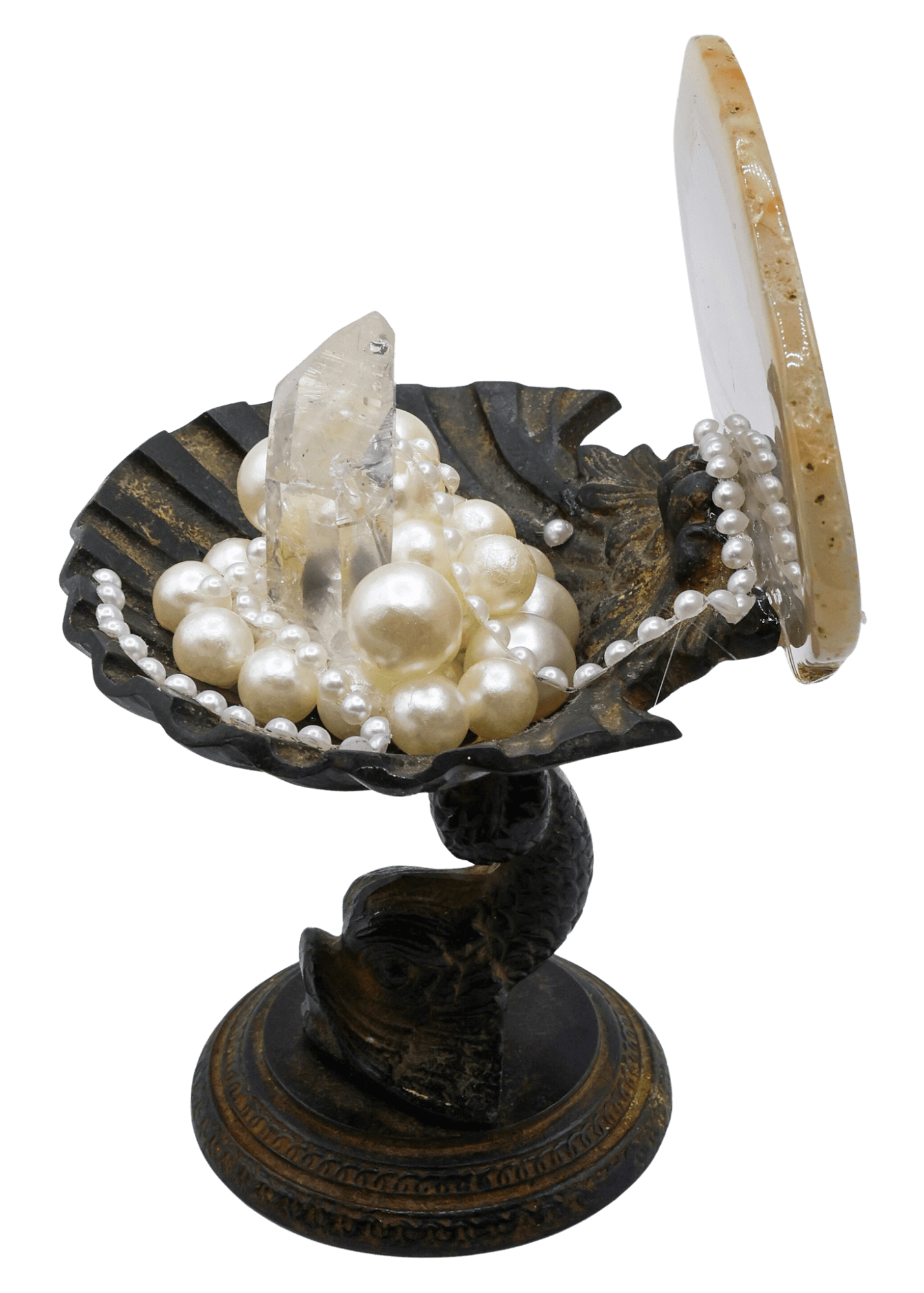 Iron Oyster Shell With Blue Phantom Crystal Sculpture side 2