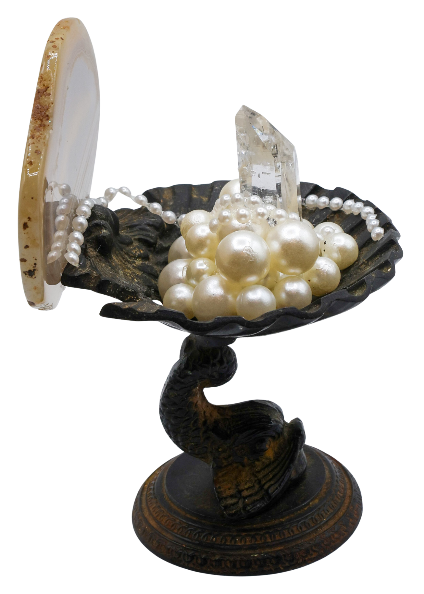 Iron Oyster Shell With Blue Phantom Crystal Sculpture side 2