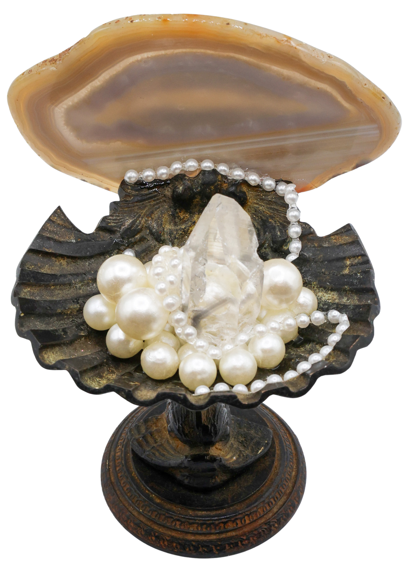 Iron Oyster Shell With Blue Phantom Crystal Sculpture top