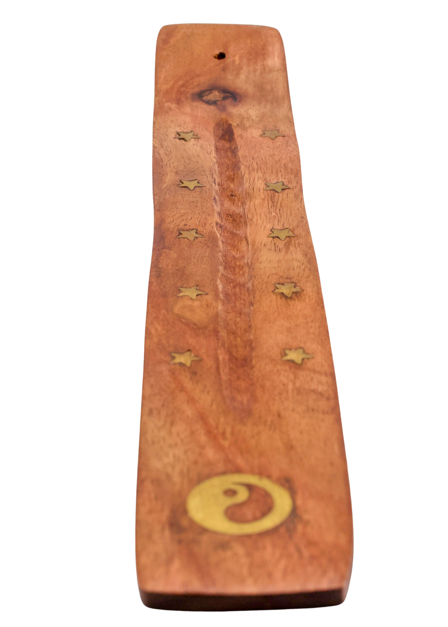 Yin Yang Brass Inlay Wood Incense Burner top view