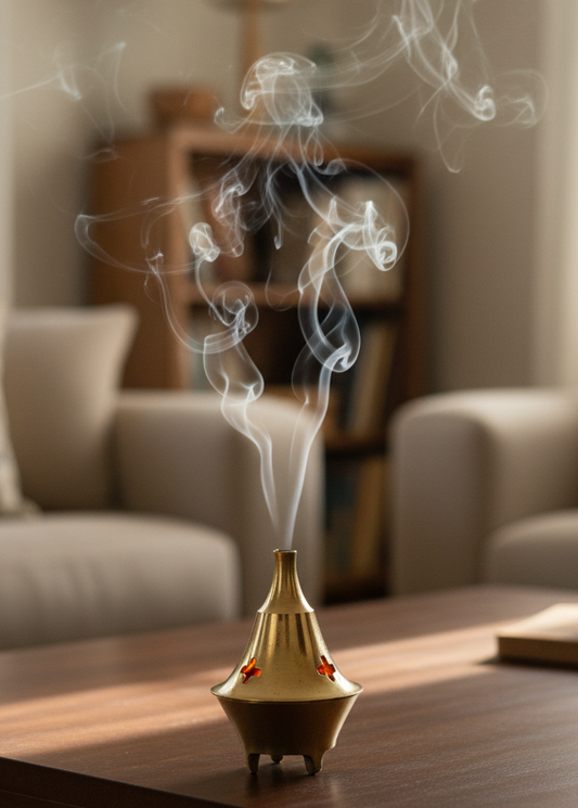 Small 2 Piece Brass Cone Incense Burner in living room