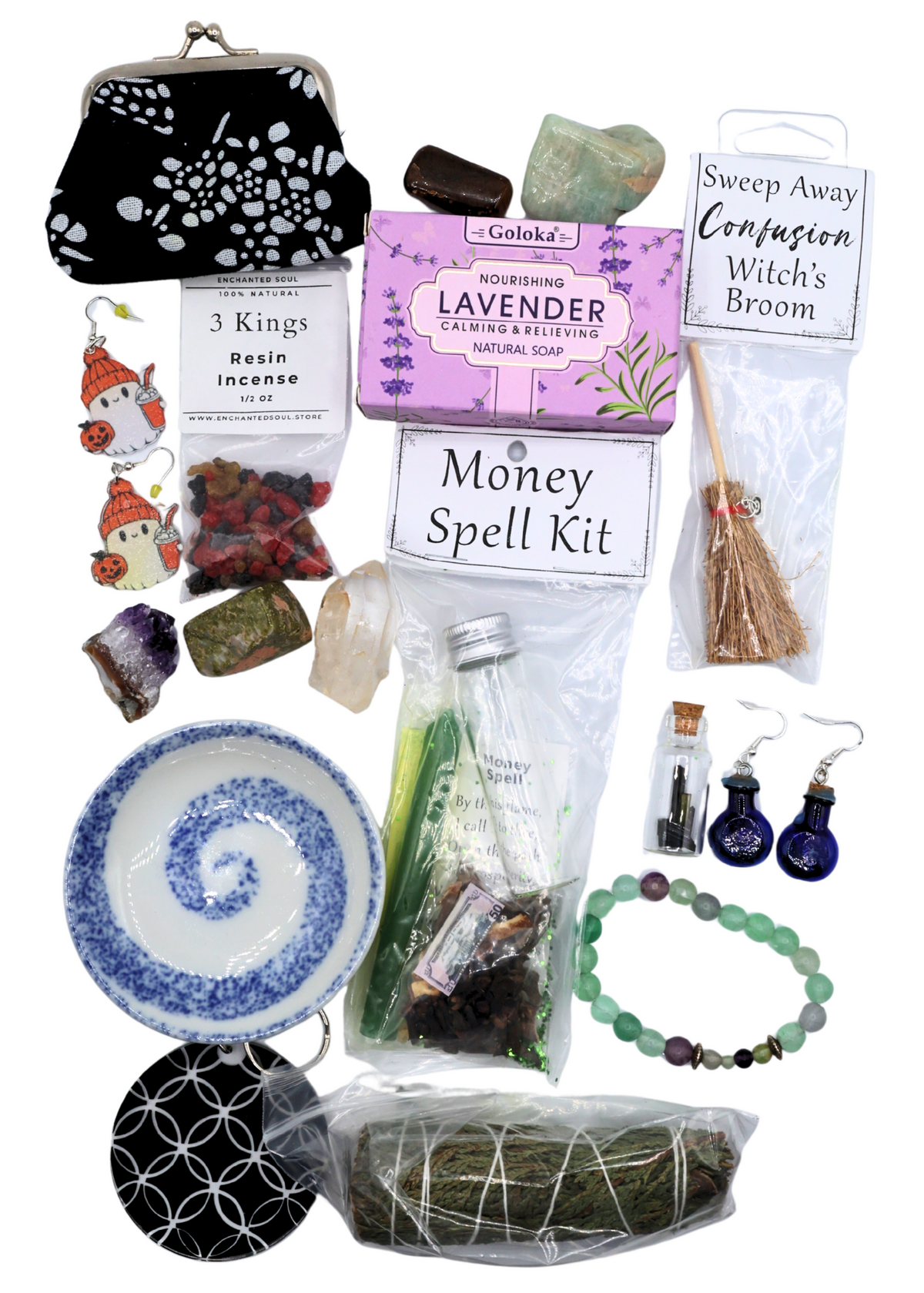 $50 Witchy Mystery Blind Box example contents featuring spell kit, crystals, incense, soap, jewelry and witchy accessories