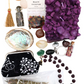 $75 Witchy Mystery Blind Box example contents with purple crystal candle, gemstones, incense, mini broom, jewelry and witchy gifts