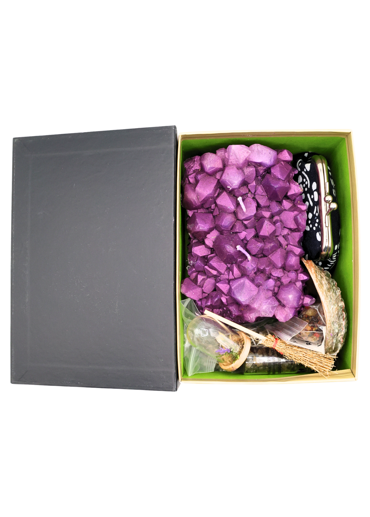 Open $75 Witchy Mystery Blind Box with purple crystal candle and assorted witchy gifts inside