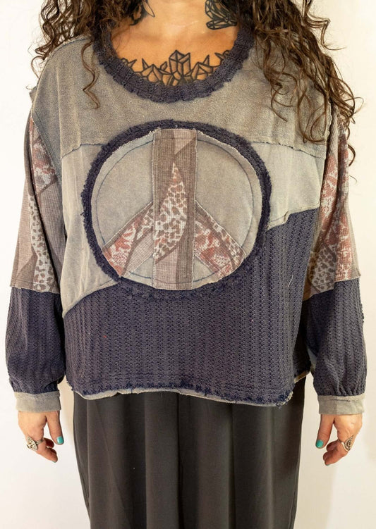 Blue Patchwork Sweatshirt With Peace Sign