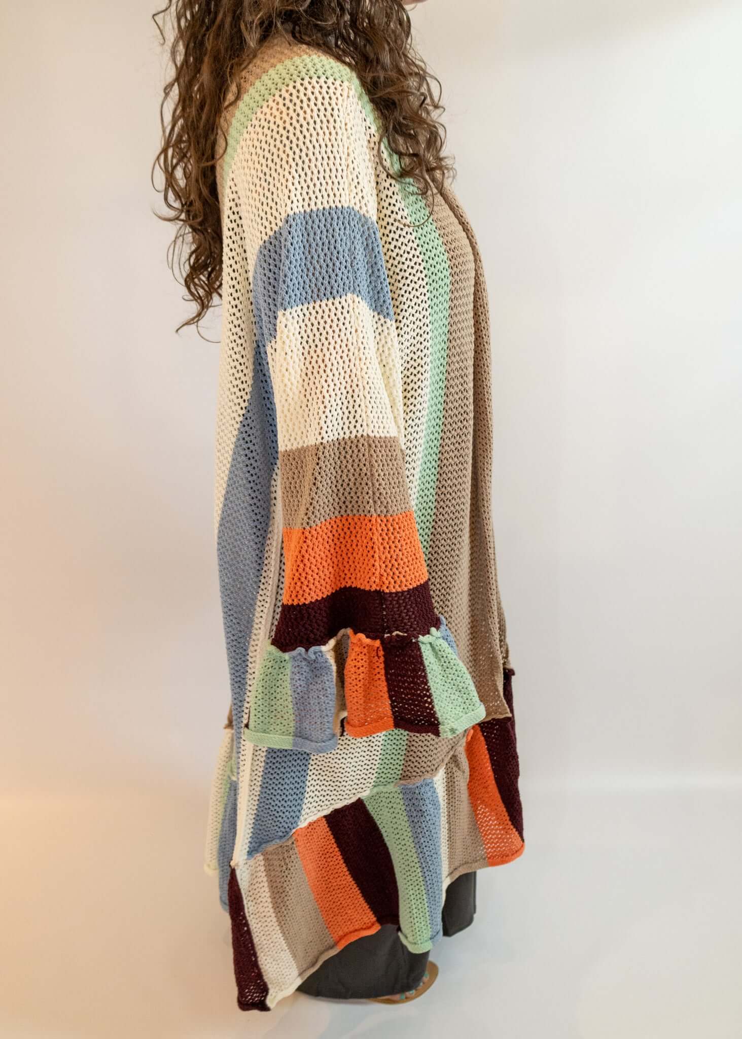 Long Knit Ruffle Sleeve Open Front Cardigan