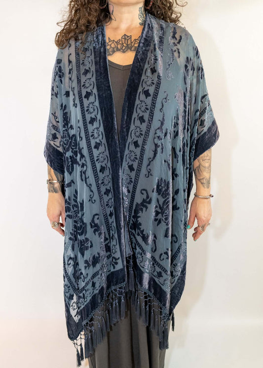 Blue Velvet Mesh Tapestry Style Wrap With Tassels