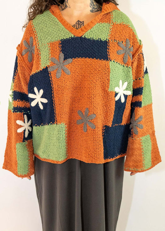 V-neck Patched Color Block Floral Sweater