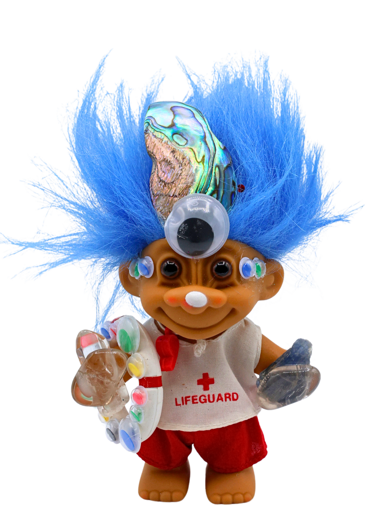 Captain All-Seeing Guardian of the Tides crystal troll doll sculpture front view with blue hair, lifeguard shirt, abalone shell and crystal accents