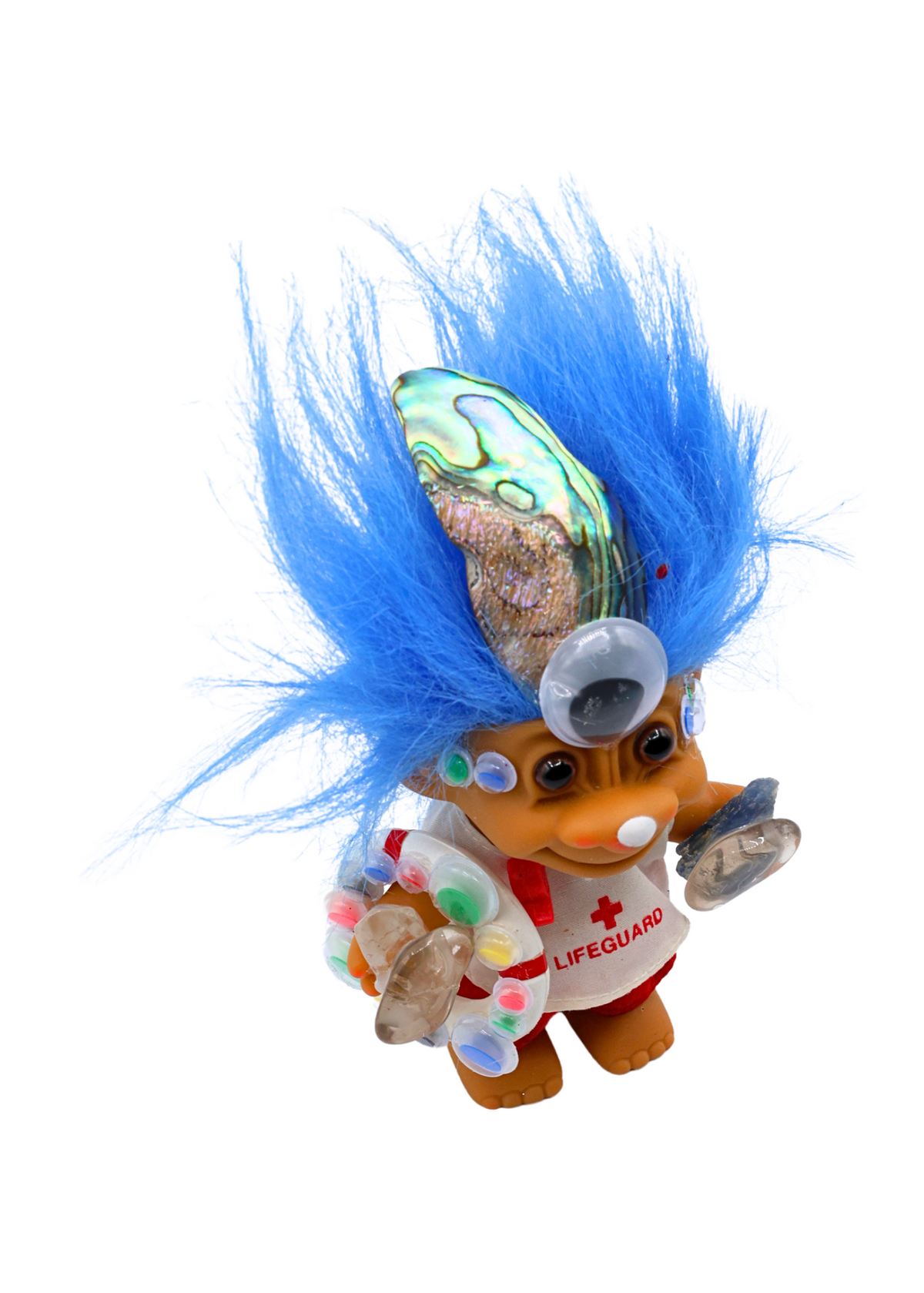 Angled view of Captain All-Seeing troll sculpture with quartz, rescue ring and blue hair