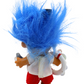 Back view of Captain All-Seeing troll doll with bright blue hair, white lifeguard top and red shorts