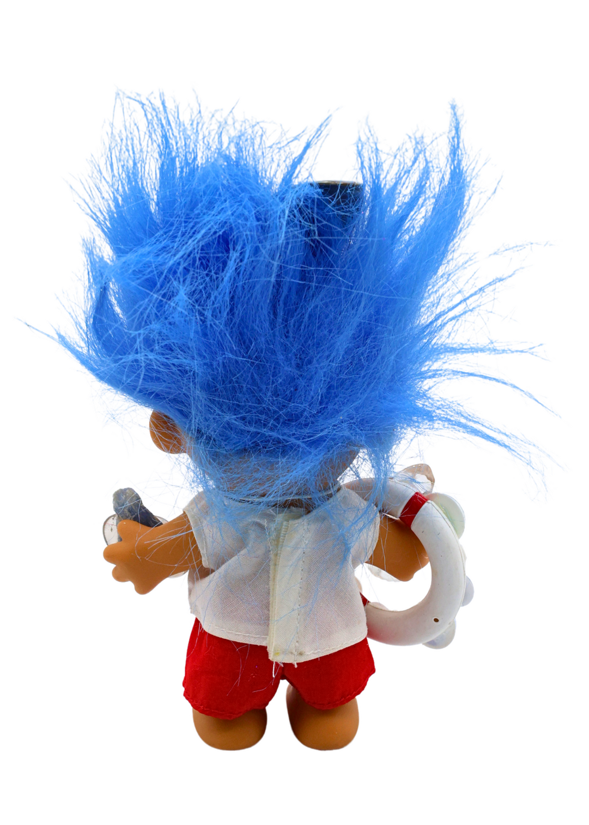 Back view of Captain All-Seeing troll doll with bright blue hair, white lifeguard top and red shorts