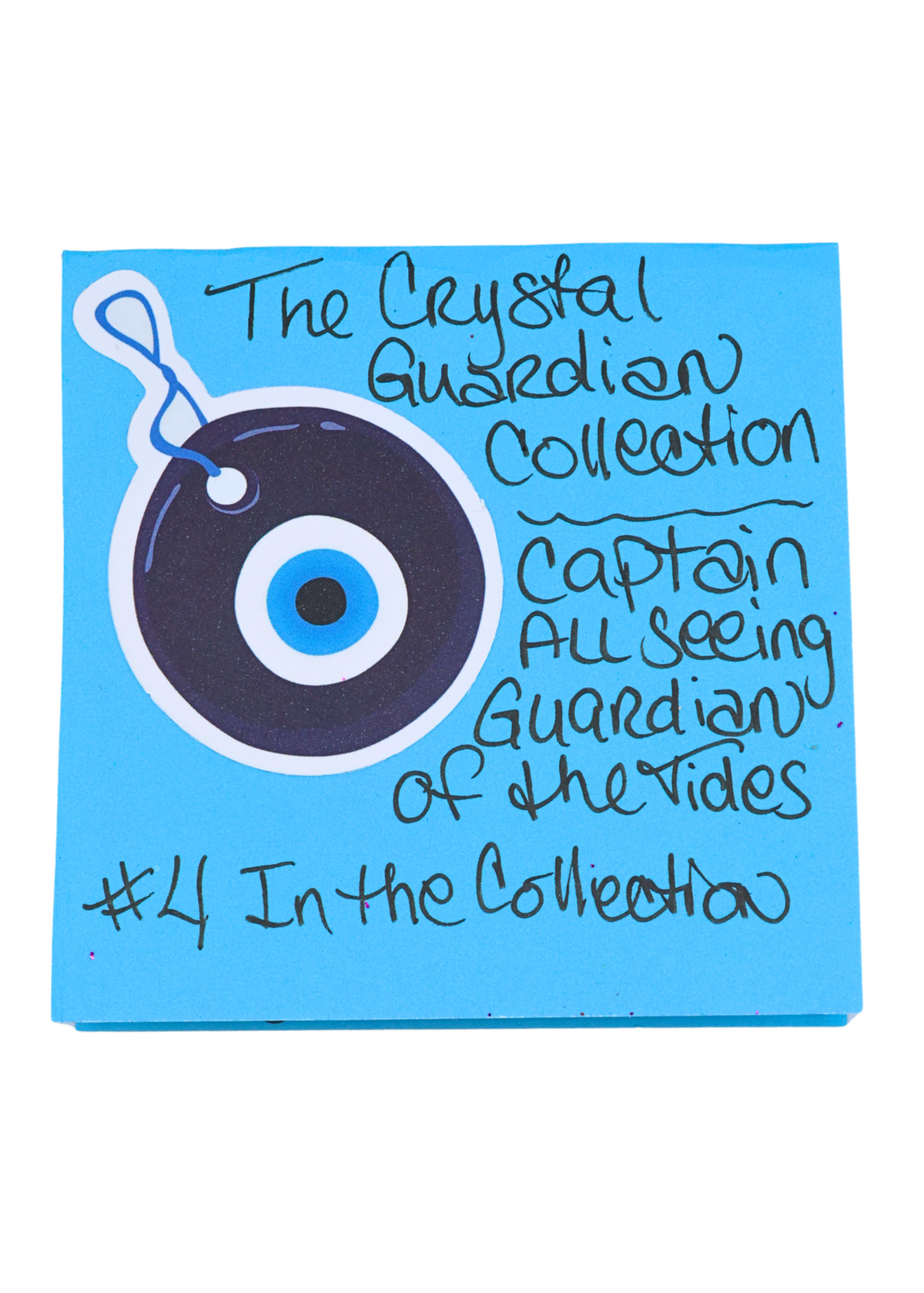 Handwritten artist card identifying Captain All-Seeing Guardian of the Tides as Crystal Guardian Collection number 4
